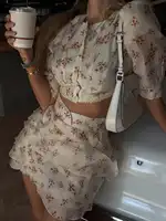 Floral Print Layered Ruffle Mini Skirt Suit Women's Round Neck Puff Sleeve Crop Top Skirts 2 Pieces Set 2026 Summer Dating Fits - Image 2