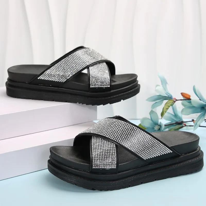 Zapatillas de plataforma planas de lujo para mujer, sandalias de Punta abierta para playa, chanclas para caminar, verano, 2024