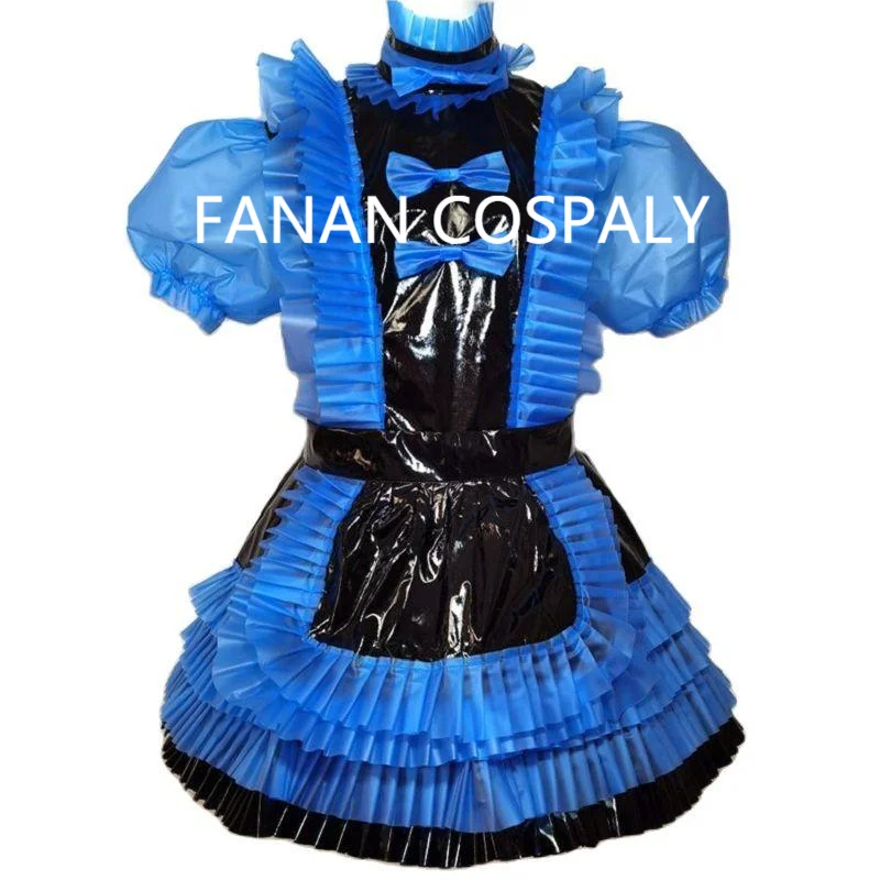 Adult Giant Baby Sexy Girl Blue Thin Semi Transparent PVC Girly Dress with Black Stitching Maid Role-playing Gothic Lockable