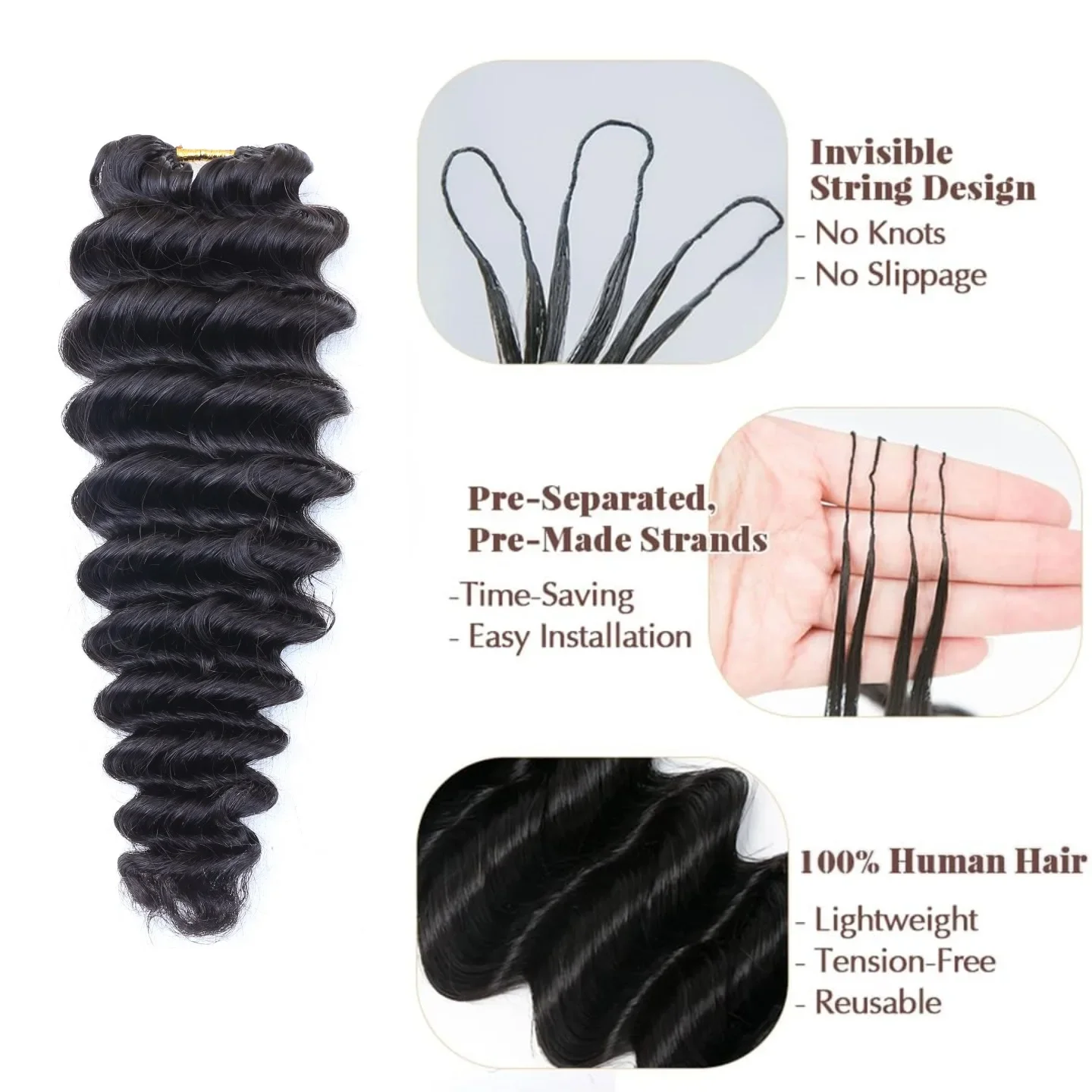 Natural Black Deep Wave Miracle Knots Feather Crochet Human Hair Extensions 100% Raw Vietnamese Human Hair Pre-Separated Invisible Knots Feather Crochet Hair 60g Per Pack 14-24Inch Deep Curly Texture Remy Human Hair Bundles for Black Women