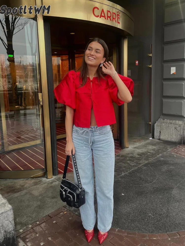 2026 Chic Sweet Bubble Sleeves Satin Short Shirt Fashion Red Lace Up O Neck Loose Women's Blouses New Famale Commute Streetwear