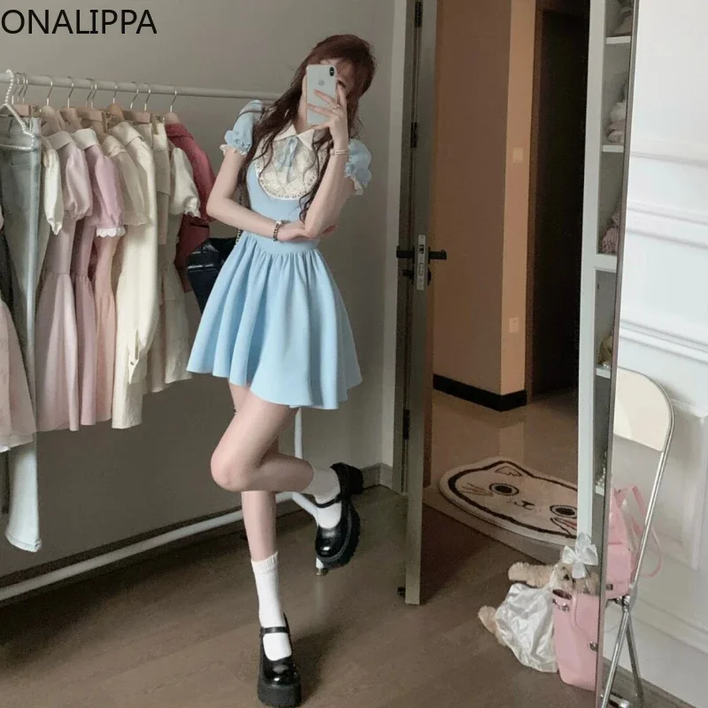 Onalippa Sweet Contrast Mini Dress for Women Sequined Beaded Peter Pan Collar Dresses High Waist Ruffles A Line Vestidos