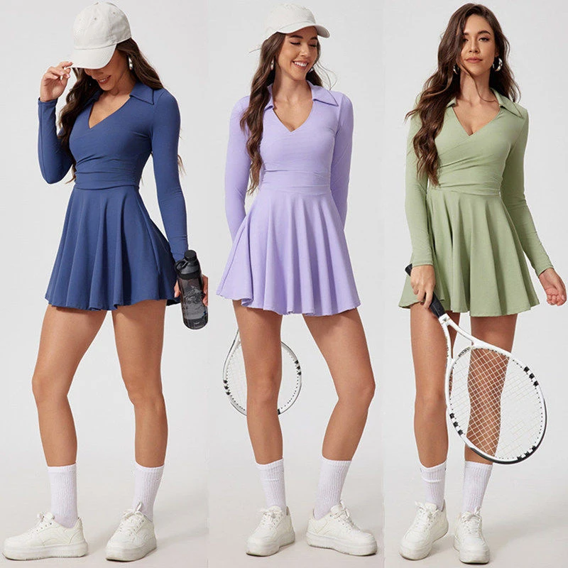 

Fashion brand long sleeved sports dress for women's autumn and winter badminton, tennis skirt, golf set with built-in leggings