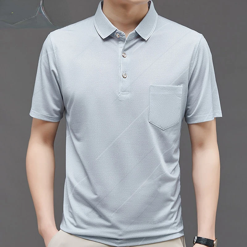 Middle-aged and Elderly Men's Clothing Summer Ice Shreds Thin Loose Short Sleeve Solid Color Lapel Spliced Pocket Polo Shirt