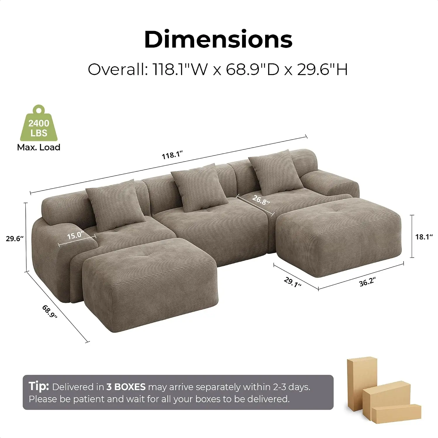 Tufted Modular Sectional Sofa, U-Shaped Corduroy Couch, 26.8