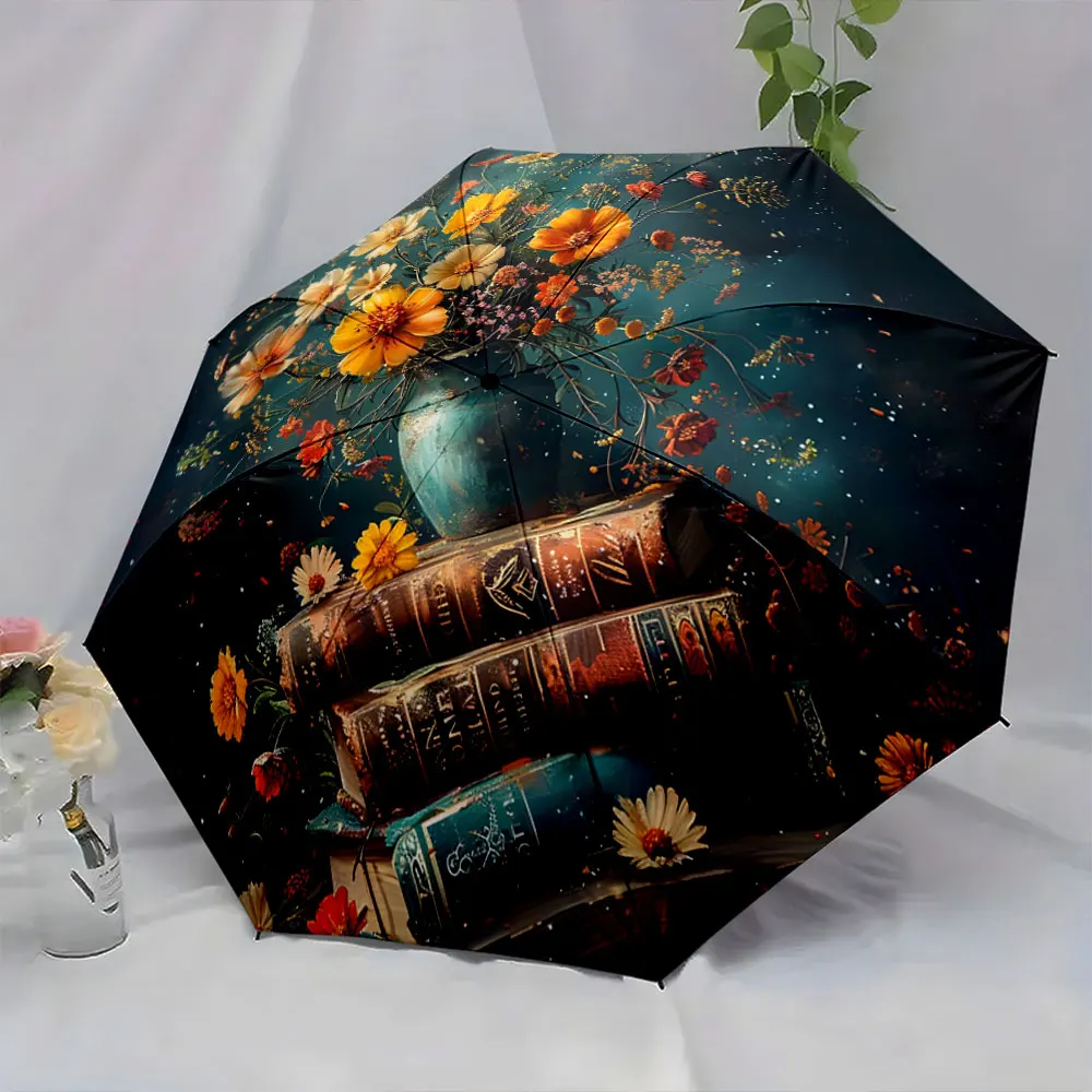 1PC Artistic Floral Umbrella with Vintage Books Design Print 8 Iron Ribs Folding Umbrella Auto-Open Fashion Sunshade