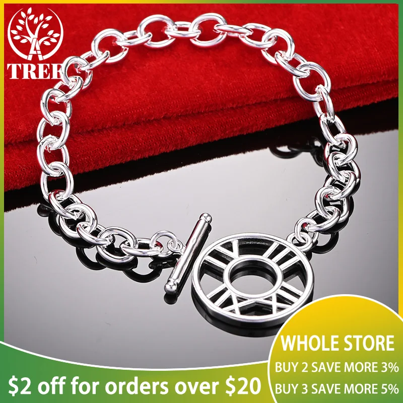 

ALITREE 925 Sterling Silver 20cm Bracelet For Woman Trendy Roman Numerals Pendant Chain Wedding Party Birthday Fashion Jewelry