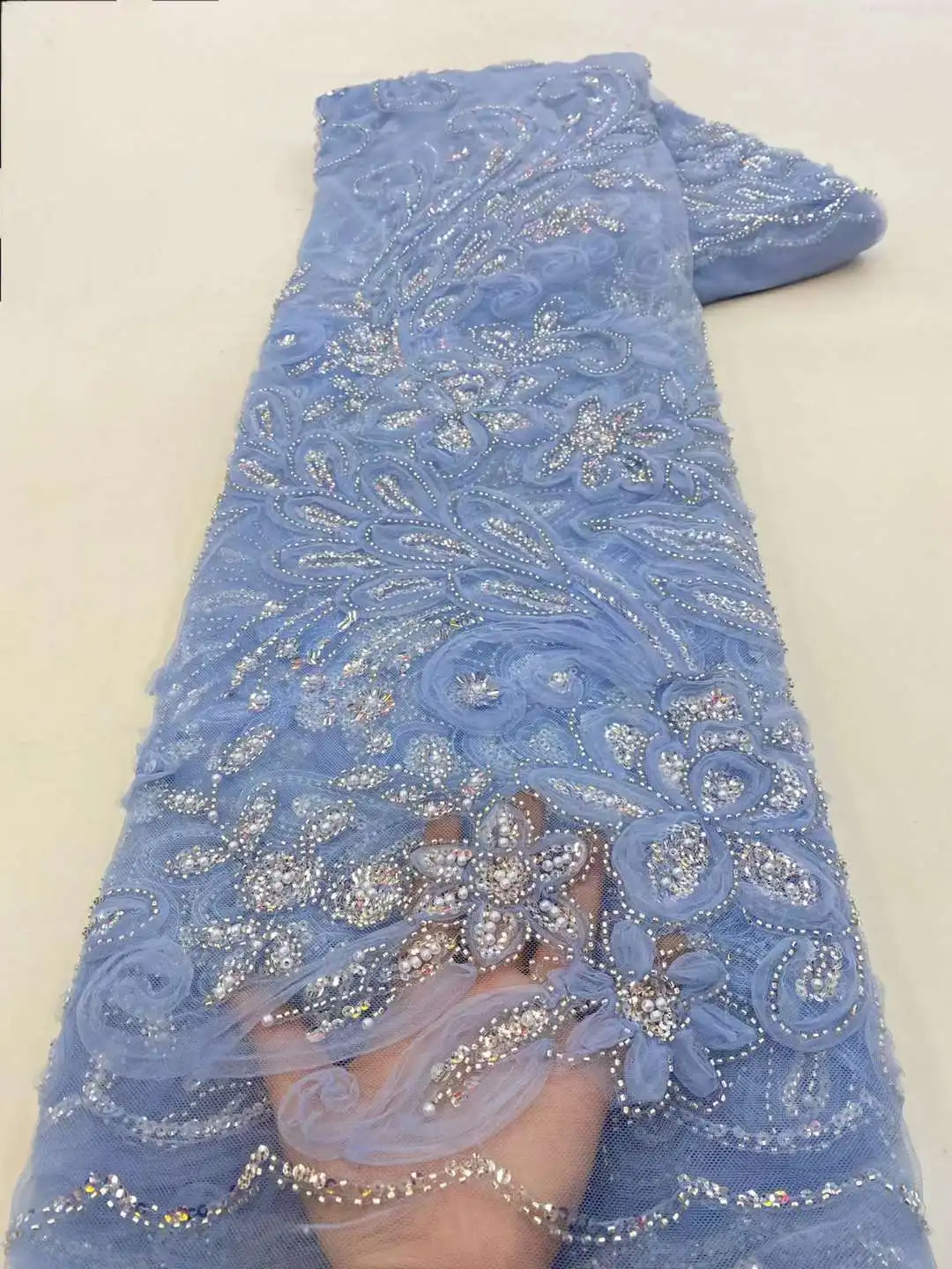 

Latest Nigerian Laces 2023 High Quality For Wedding Dress 4.5m Bule Beaded Lace Fabric Fashion Bridal Embroidery 3d Flower Lace