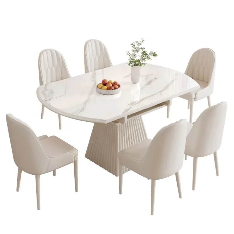 

Luxury White Sintered Stone Extendable Dining Table Modern Round Wood Base Dinner Table For Family Apartment Small Apartment
