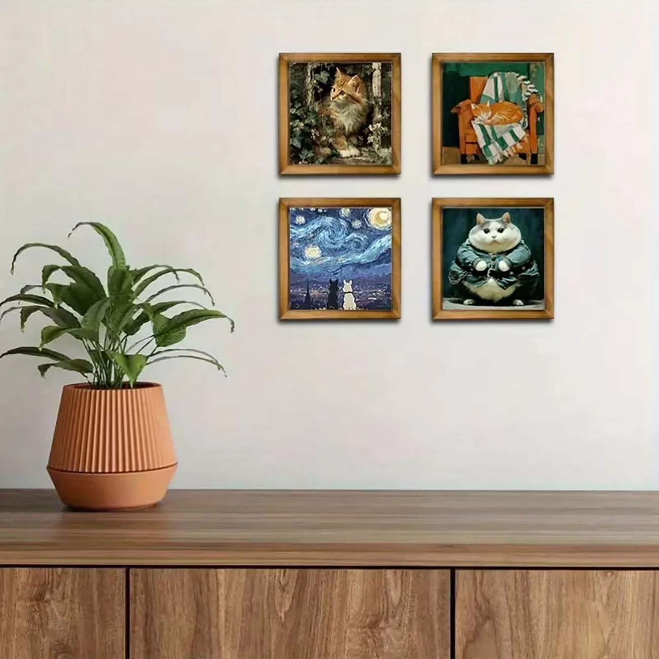 4 Adorable Cat Square Framed Wooden Wall Decorations 2D Flat Hanging Art with Nano Double-sided Tape for No-drill Mounting