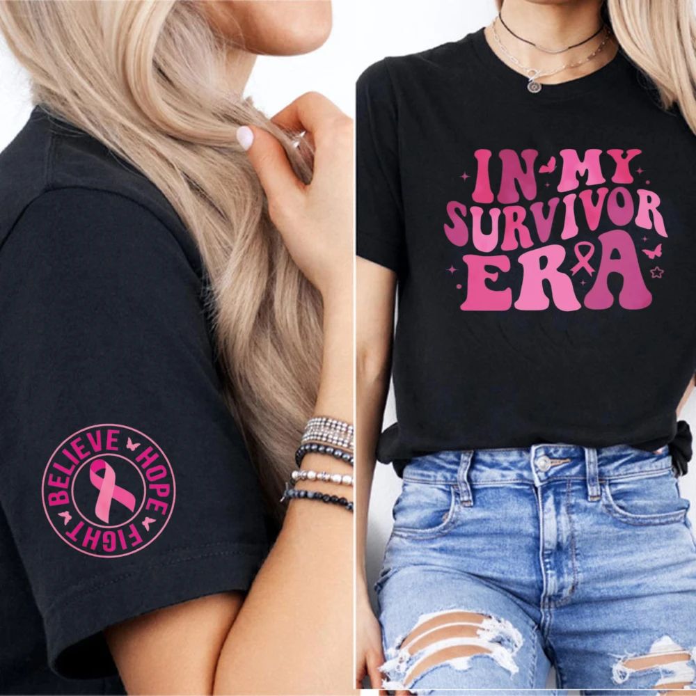 In My Survivor Era Groovy Letter Women T-Shirt Believe Hope Fight Circular Cuff Print Breast Cancer Warrior Survivor Tee Tops