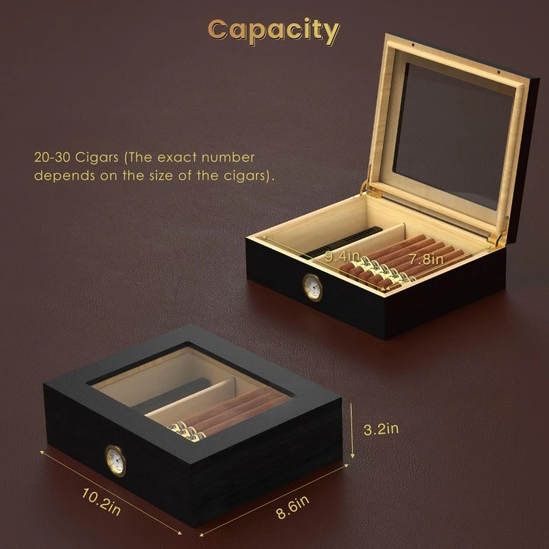 Cigar Humidor Box Cigar Case with Humidifier and Hygrometer, Cedar Wood Cigar Box with Divider, Cigar Gifts Accessories for Men view 6