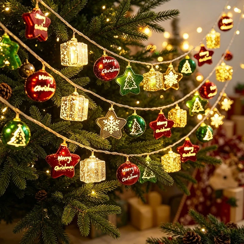 New Hanging Christmas String Lights Candy Cane Santa Claus Five Pointed Star Ornaments Merry Xmas Decoration for Holiday Party