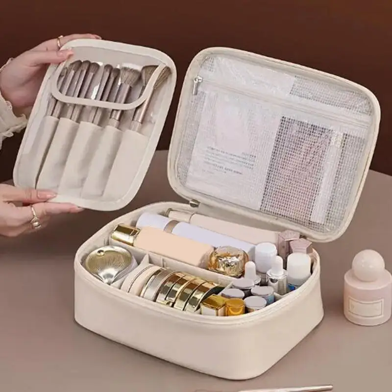 Makeup Brush Storage Multi-Compartment Toiletry Cosmetics Bag Travel Storage Makeup Bag Leather Waterproof Make Up Bag