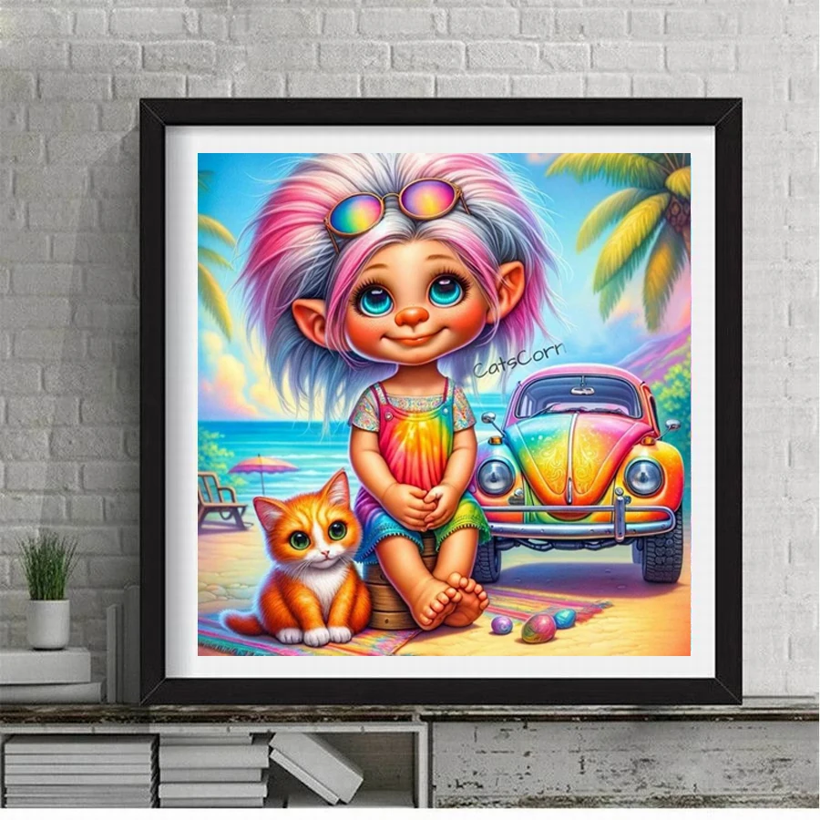 Fullcang Diy Diamond Painting Hippie Cool Boy And Cat Travel Full Rhinestone Art Mosaic Embroidery Cartoon Picture Wall Decor