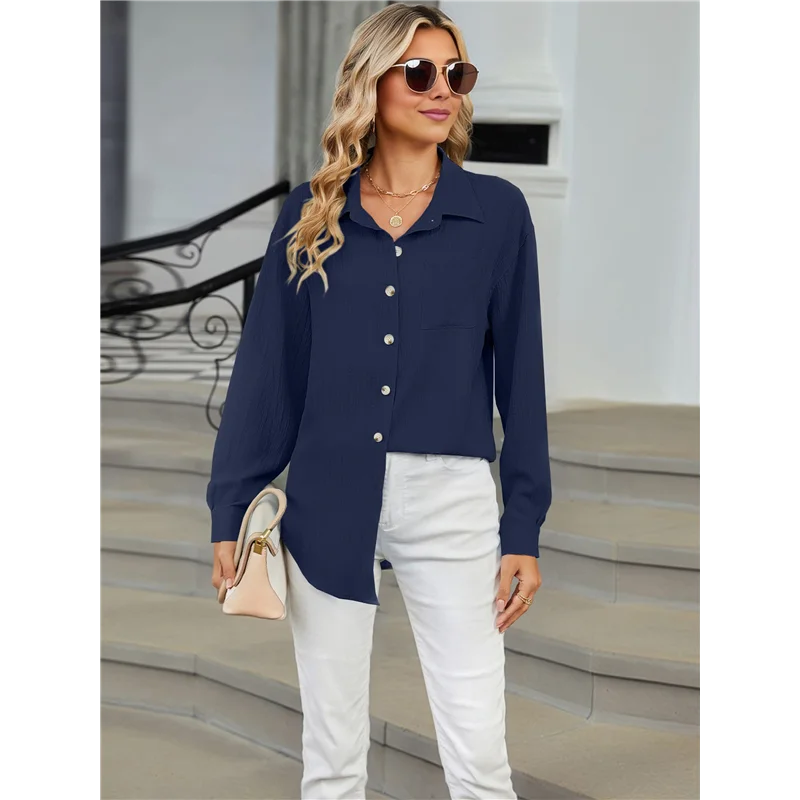 สตรีปุ่มลงเสื้อแขนยาว Textured Collared Work เสื้อ Dressy เสื้อลําลองพร้อมกระเป๋า