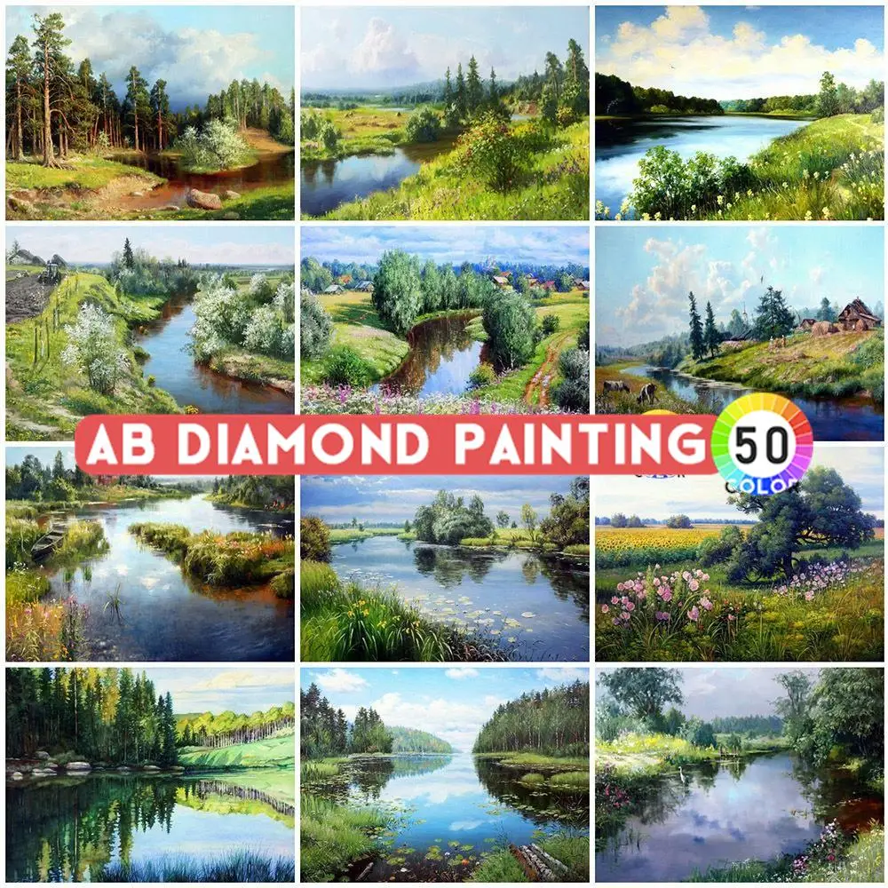 AB Drills 5D DIY Diamond Painting River Cross Stitch Kit Diamond Embroidery Tree Landscape Full Square Round Home Decoration