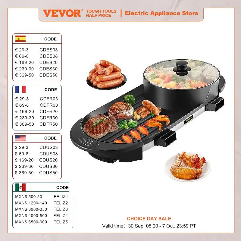 VEVOR Pentola Calda Elettrica Hot Pot Barbecue 2 in 1 da 2200W 220V, Pentola Calda per Barbecue in Padella a 5 Velocità Temperatura tra 160°C - 220°C da 67 x 28 x 17 cm