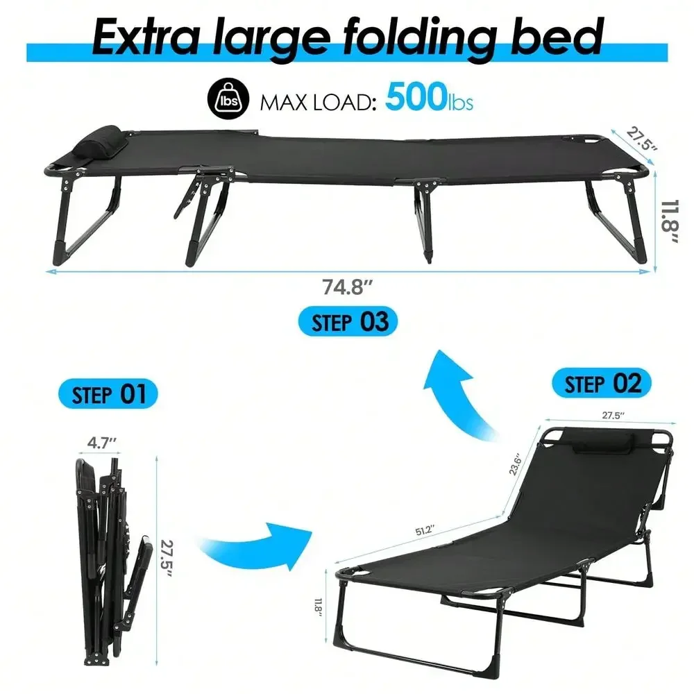 Capacity Extra Wide Folding Camping Cot Bed, 4 Position Chaise Lounge Chair, Foldable Bed With Removable Mattress And Pillow, P