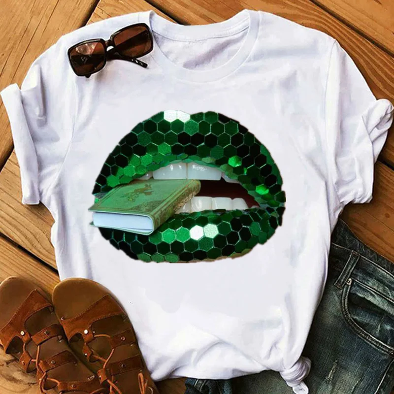 Burst Sequin Lip Trend T-shirt Half Sleeve Cute White Short Sleeve T-shirt Woman Harajuku  Harajuku  Oversized T Shirt  Tops