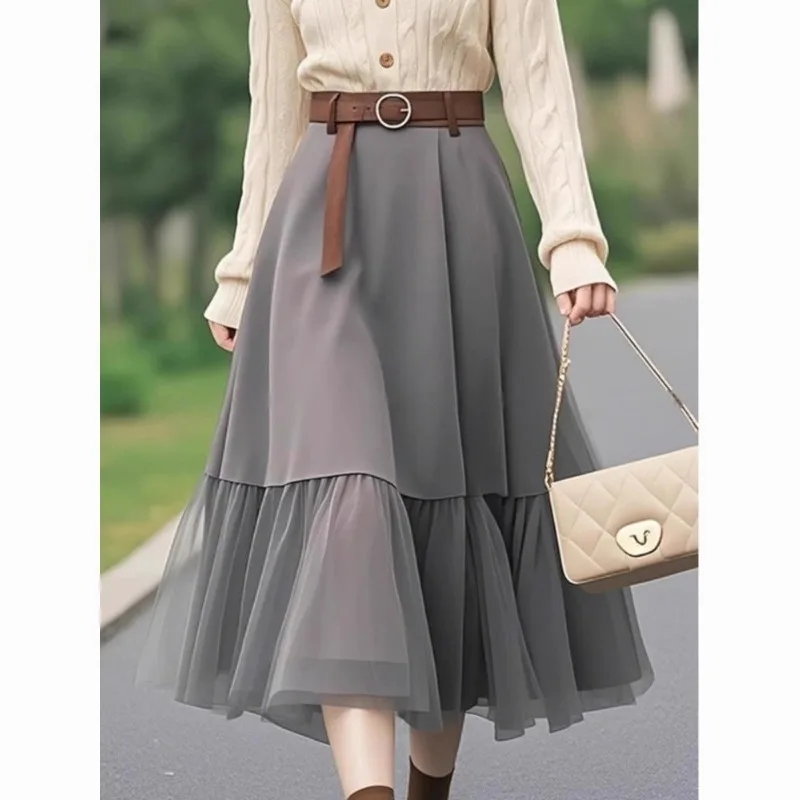 Immagine 5: Gonne longuette patchwork di pizzo di nuova moda primavera autunno da donna 2025 Lady Graceful Solid Vintage Gonna al ginocchio Abbigliamento alla moda
