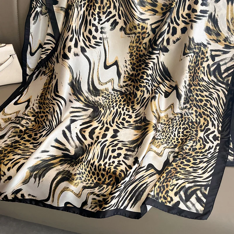 2023 Autumn Winter Fashion Leopard Print Silk Scarf Women Beach Long Sunscreen Large Size Scarf Outdoor Soft Shawl Lady 180*90cm