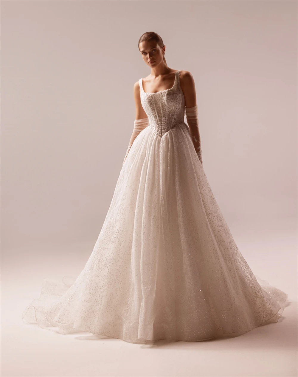 Personalizado encantador branco organza vestido de casamento sexy gola quadrada sem mangas vestido de noiva boho a linha tribunal trem robe de mariée