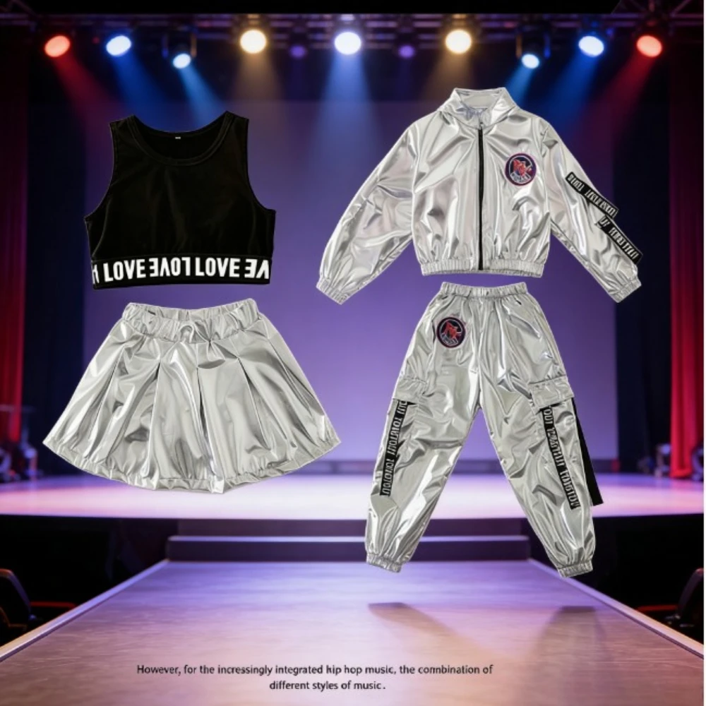 

2026 Children Performance Clothes Boys Hip-hop Set Girl Silver Color Jazz Dance Costume Catwalk Dance Costume Cool Rave Outfits