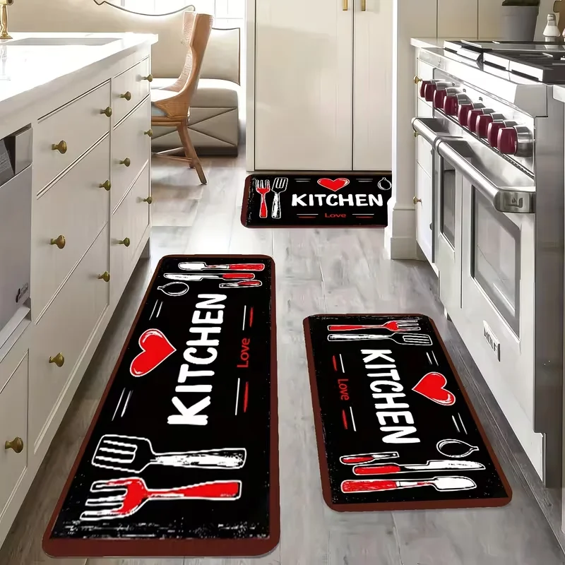 Love Küchenmatte mit rotem Herz, Gabel, Löffel, rutschfest, weich, leicht zu reinigen, geeignet für Badezimmer, Küche, Schlafzimmer, Wohnzimmer, Veranda