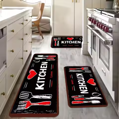 Love Kitchen Mat with Red Heart Fork Spoon Anti-slip Soft Easy to Clean Suitable for Bathroom Kitchen Bedroom Living Room Porch