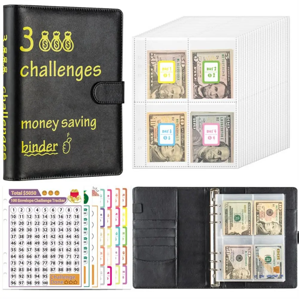 PU 100 Envelope Challenge Notebook 6 Holes Colorful Money Saving Binder Save Money Multi Pockets 100 Day Challenge Budget Binder