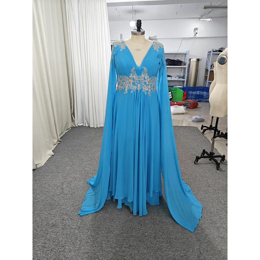 Customized Elegant Blue Mother of The Bride Dresses with Cape V Neck Wedding Guest Dress Beaded Appliqued Long Evening Gowns