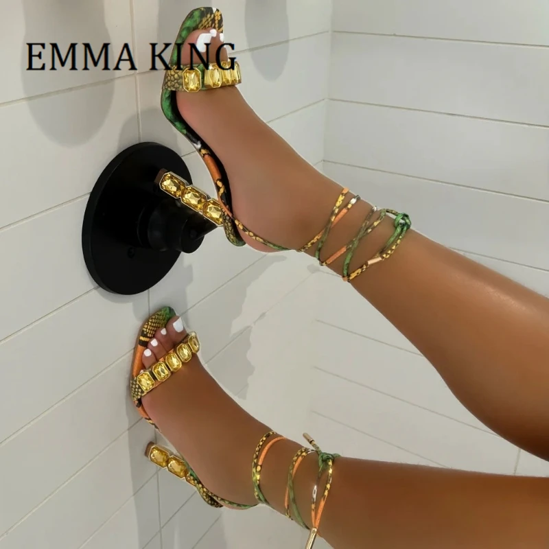 Multi Snake Embossed Embellished Sandal Sexy Open Square Toe Wrap Around High Heeled Shoes Chunky Rhinestone Heels Sandals