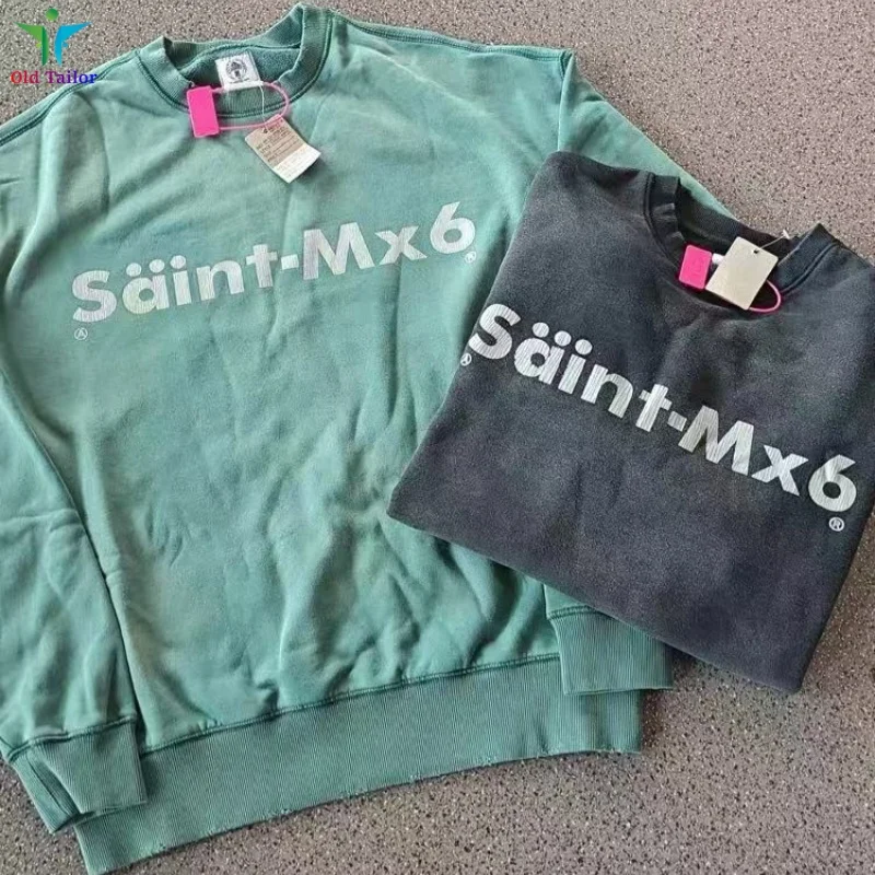 

SAINT Green Black Letter Print Retro Round Neck Casual Heavyweight Men's Women's Loose Winter Sweatshirt