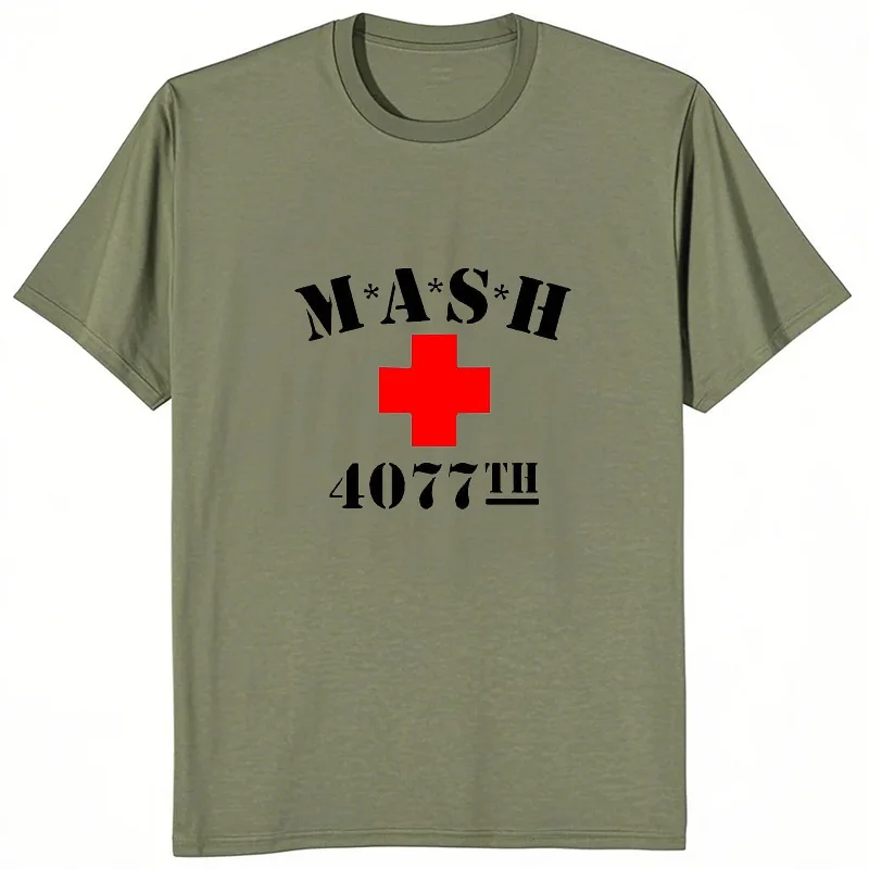 Mash Distressed Logo T Shirt Mens 4077 Licensed Classic TV Show Militarryy Green 2026 High Quality Brand Casual
