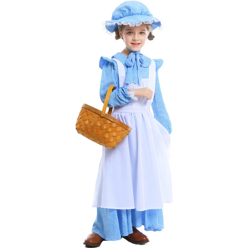 Disfraz de sirvienta de granja para niños, Vestido de manga de linterna de estilo Pastoral de pradera con delantal de tirantes, ropa de Cosplay, fiesta de Halloween