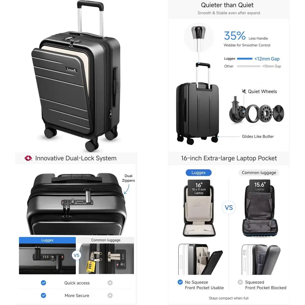 

Расширяемый чемодан из поликарбоната 20, одобренный авиакомпанией, передним карманом, черный чемодан с диагональю FX, размер ручной клади 22x14x9