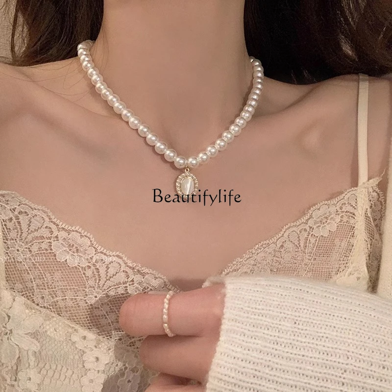 French retro opal pearl necklace neck chain women's light luxury niche high-end collarbone chain