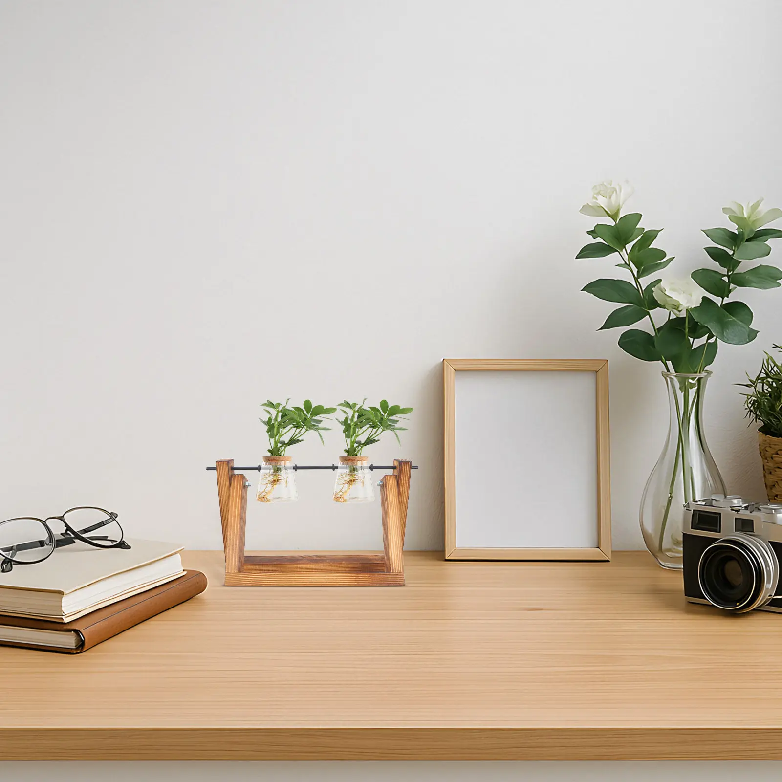 

Hydroponic Propagating Jars Holder Wooden Stand Glass Vase Propagation Station for Indoor Water Plants Desktop Bookshelf