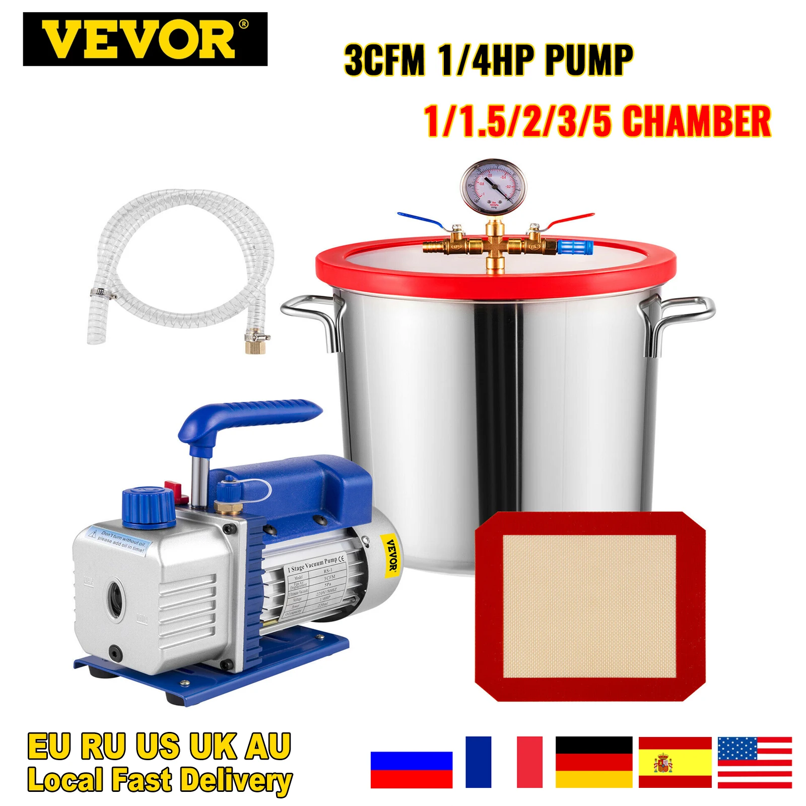 VEVOR 3CFM 1/4HP Vacuum Pump Refrigeration with Vacuum Chamber for Household Vacuum Packing Air Condition Automobile Maintenance