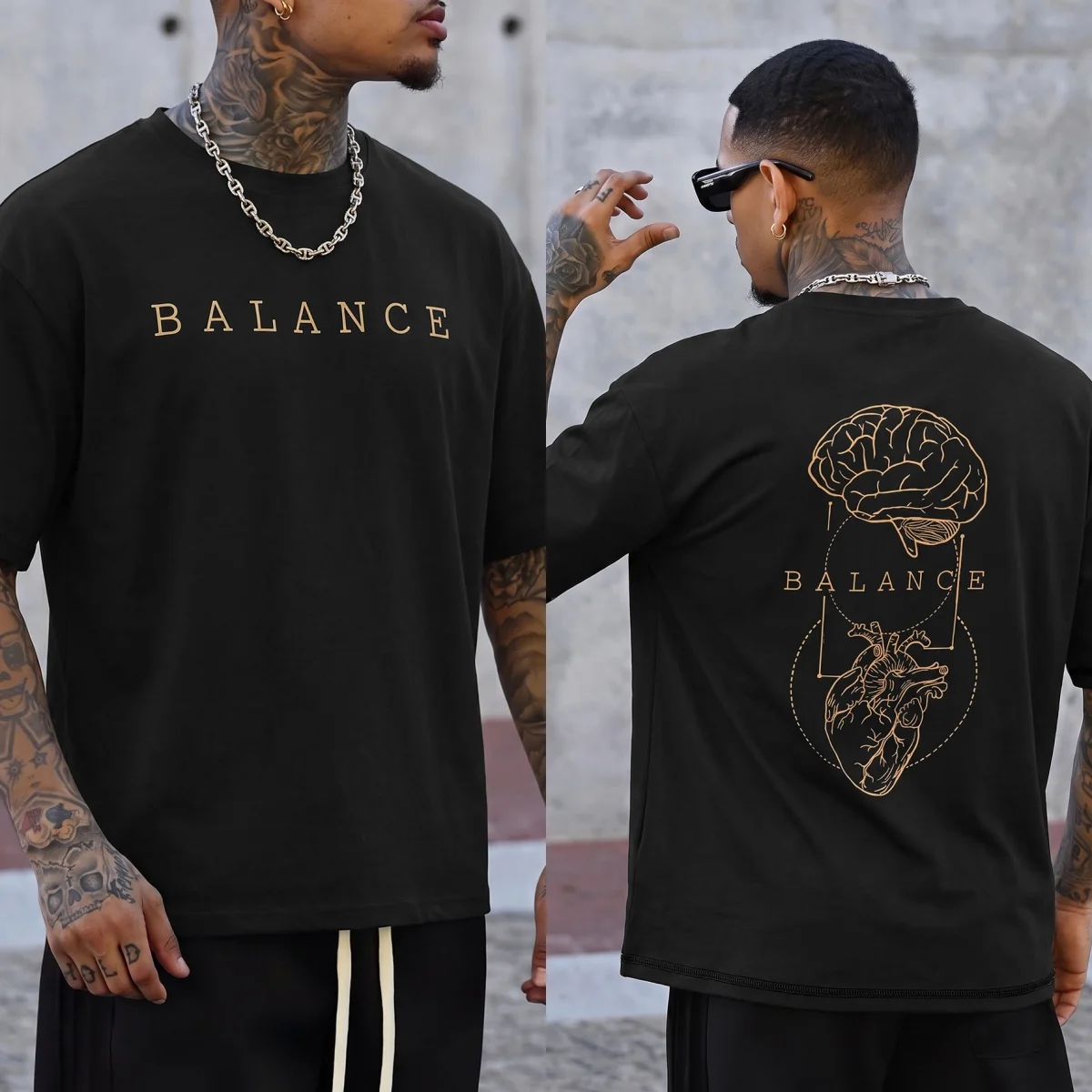 2026 New Balance Letter Brain Heart Sketch Oversized T Shirt for Men Hip Hop Graphic Tee