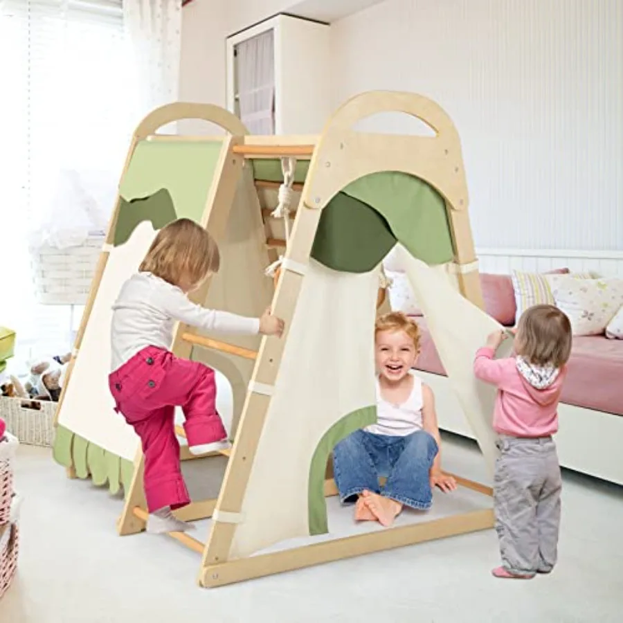 Indoor Playground 7in1 Toddler Montessori Climbing Toys Playset w Removable Tent Slide Climbing Rock Net and Ladder Monkey Bars