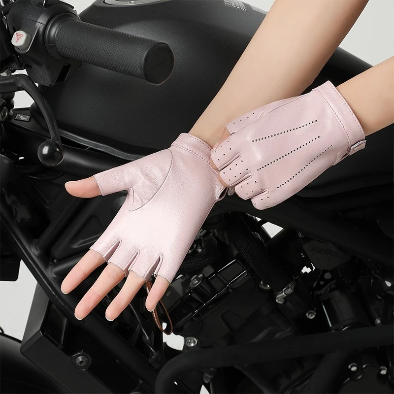 New Women's Sheepskin Half Finger Gloves Leather Single Layer Unlined Thin Hollow Fitness Driver Motorcycle Leather Gloves
