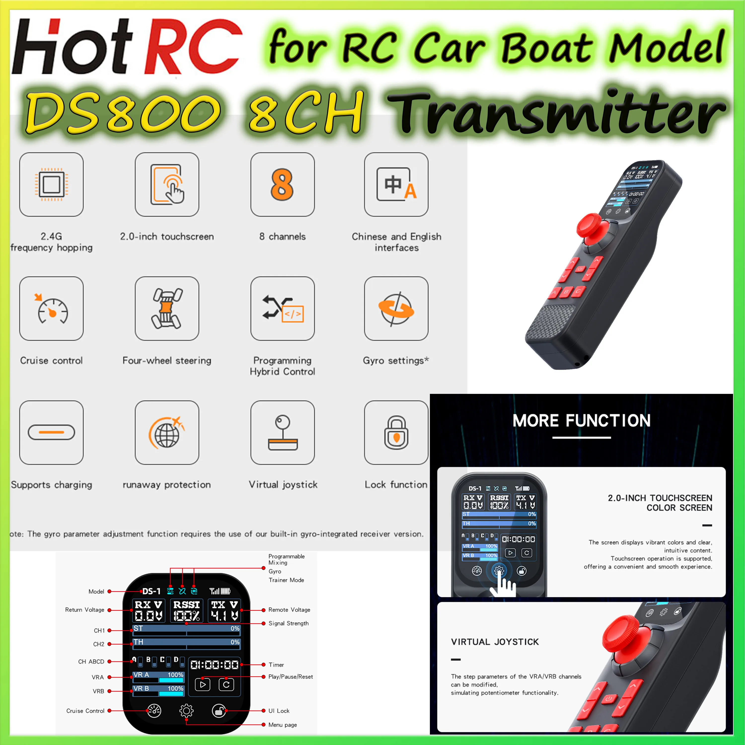 Hotrc DS-800 ds800 8ch 2.4g sistema de rádio transmissor tela colorida controle remoto F-08AT F-01A receptor para rc barco navio carro