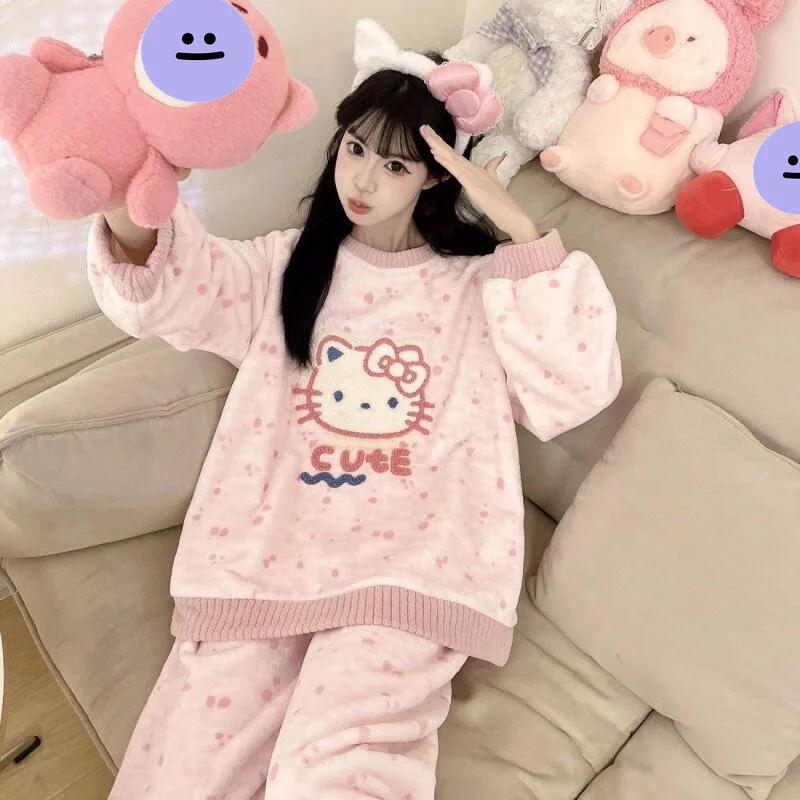 

Sanrio Hello Kitty Women's Plush Fleece Lined Thickened Pajama Set Autumn Winter Cozy Warm Home Loungewear Cute Kawaii Sleepwear