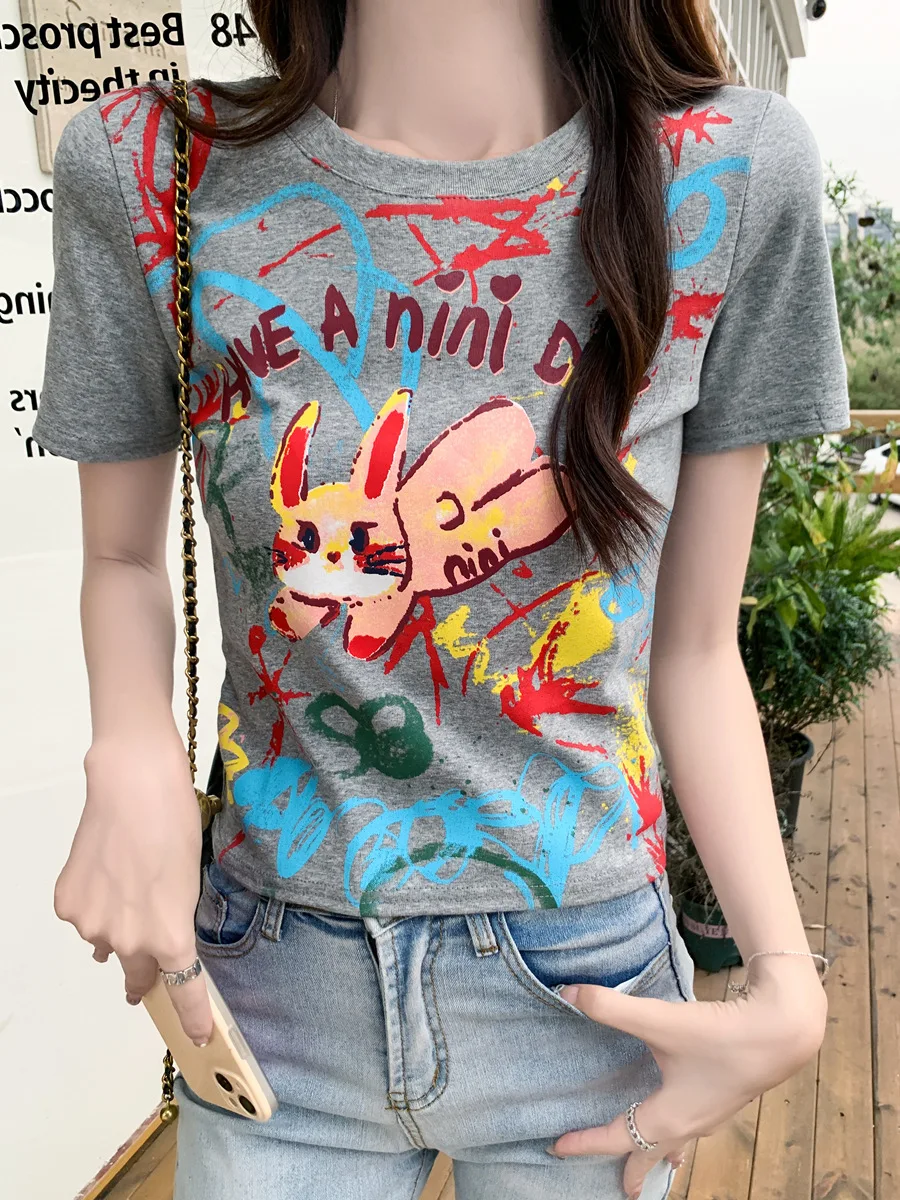 American retro style  Hot selling  Design sense  Women's clothing  rabbit  Graffiti  print Women's T-shirt  slim  female  top