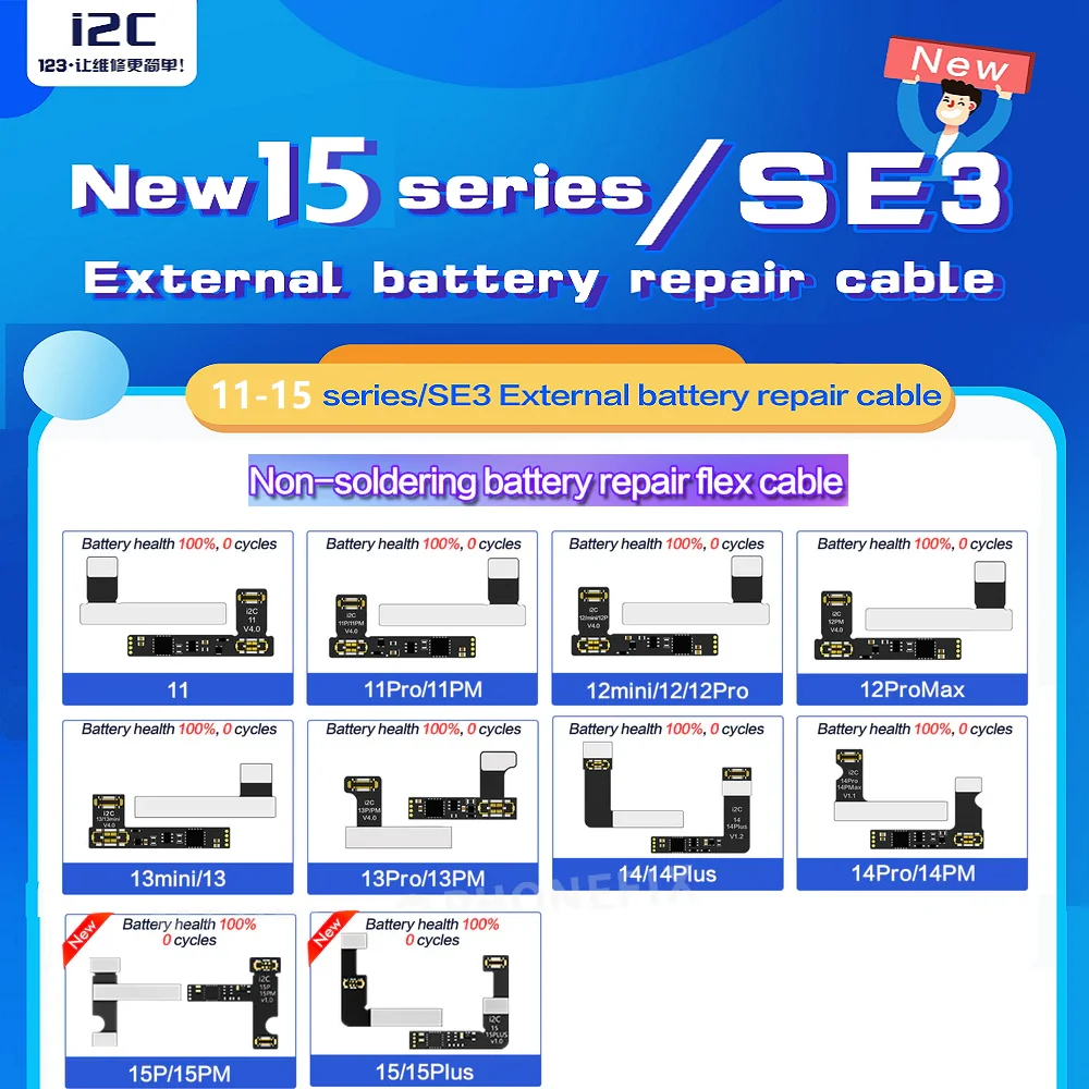 

i2C Tag-on Battery Flex Cable Data Corrector Non-Soldering FPC for iPhone11-15 Pro Max Removes "Important Battery Messages"