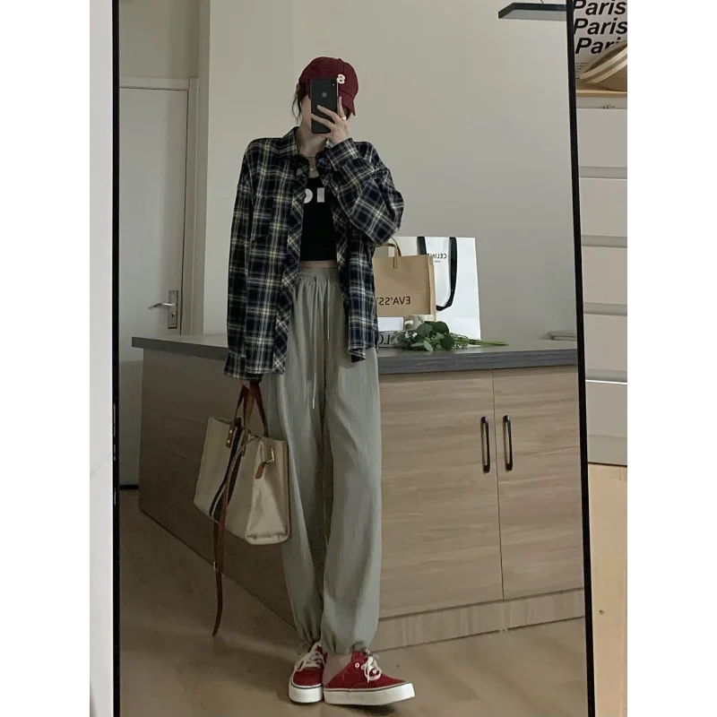 

Retro Plaid Women's Spring and Autumn New Stitched POLO Collar Button Fashion Loose Versatile Casual Shirt