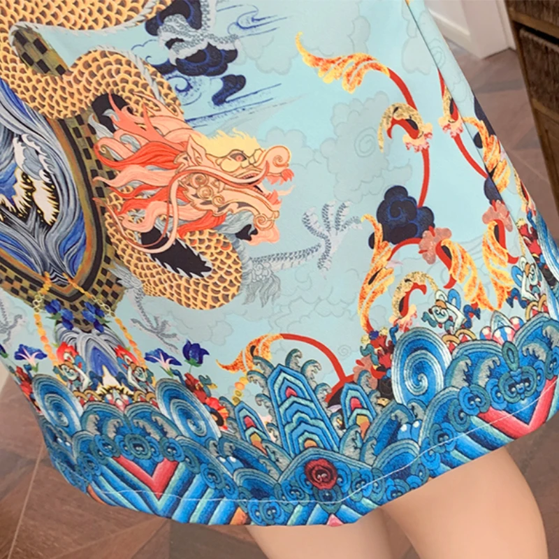 Red Blue Loose 2024 New Fashion Modern Chinese Cheongsam A-line Dress Women 3/4 Sleeve Qipao Traditional Chinese Clothes