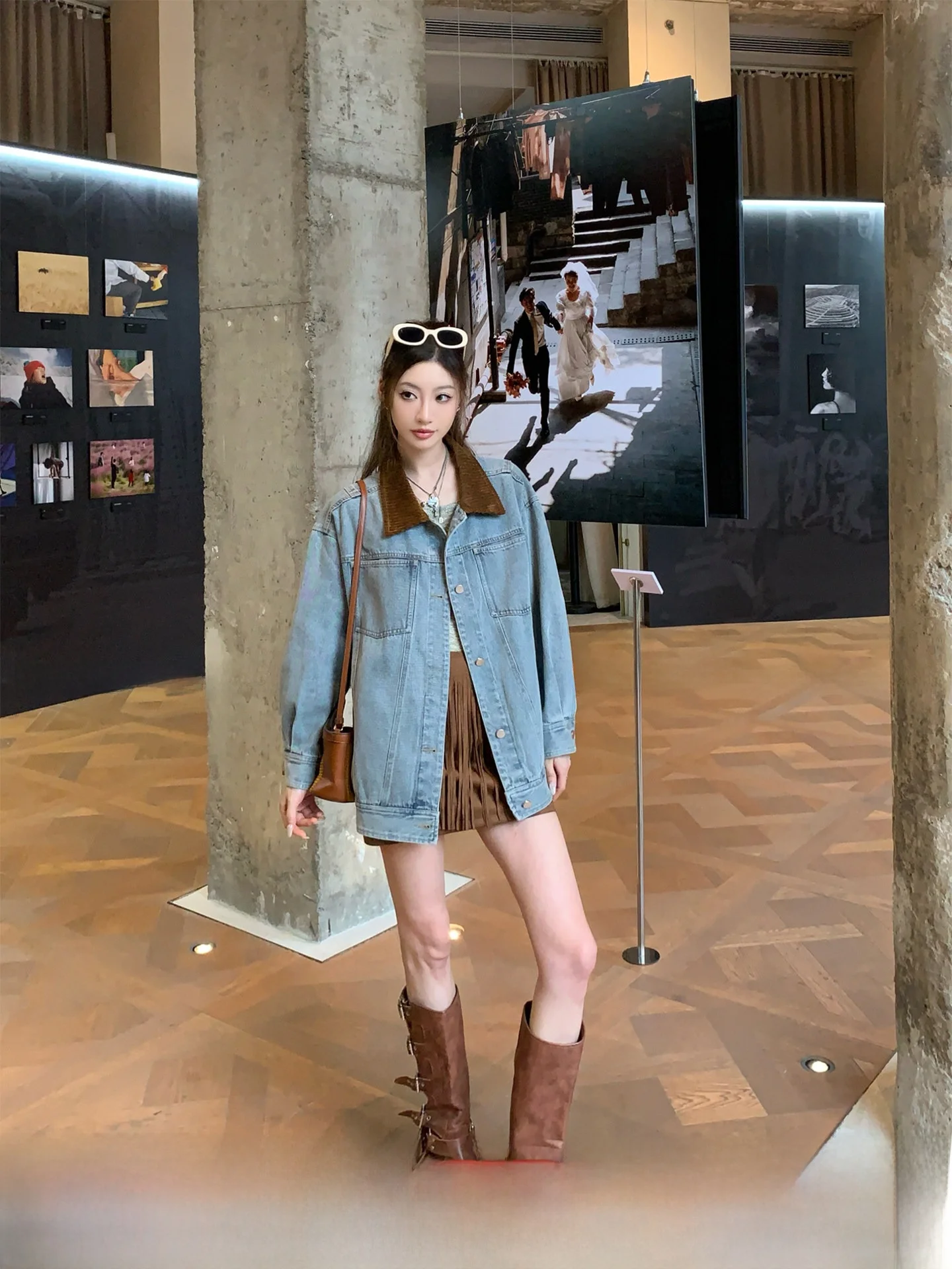 

GV Big Brother Vintage Waed Denim ort Jaet Women's Patchwork Color Blo Autumn Design New Sle Commute Loose Fit Long...